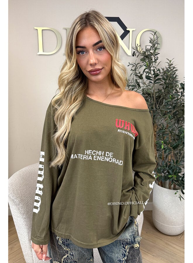 ARMY GREEN - 'MARIEL LONGSLEEVE' - OVERSIZED OFF SHOULDER LONGSLEEVE TOP