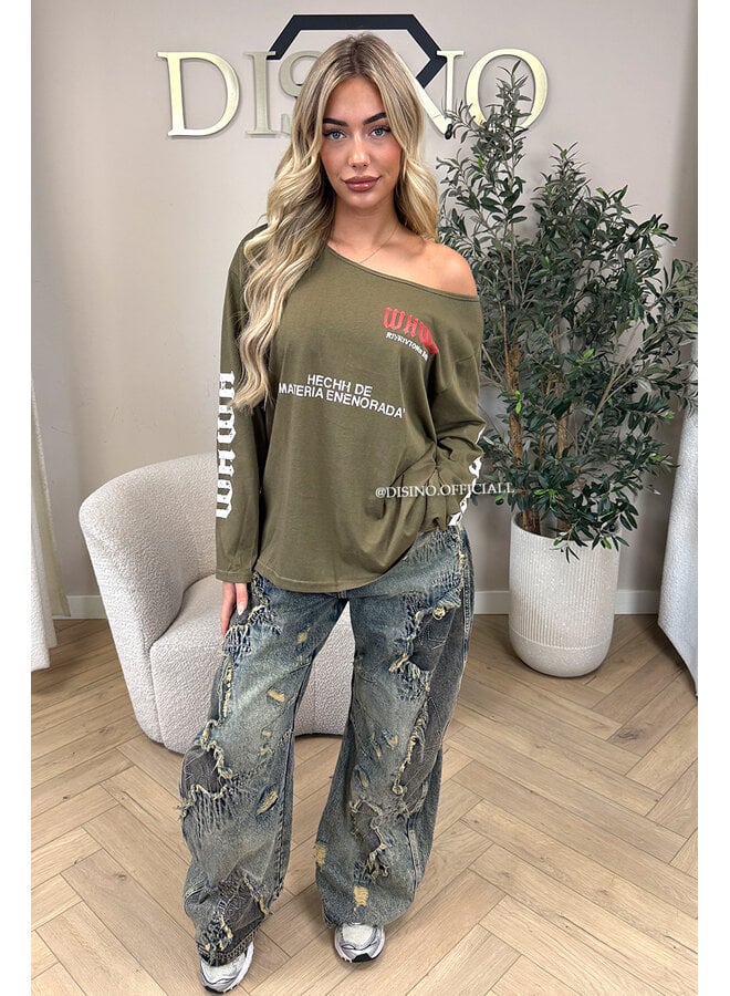 ARMY GREEN - 'MARIEL LONGSLEEVE' - OVERSIZED OFF SHOULDER LONGSLEEVE TOP