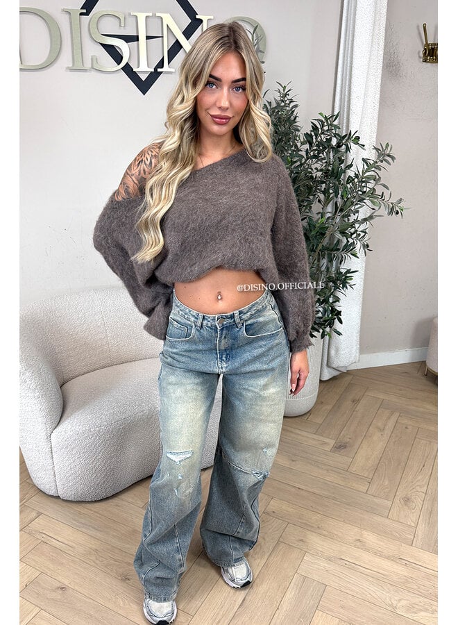 TAUPE - 'LEAH KNIT' - OVERSIZED FLUFFY ONE SHOULDER KNIT