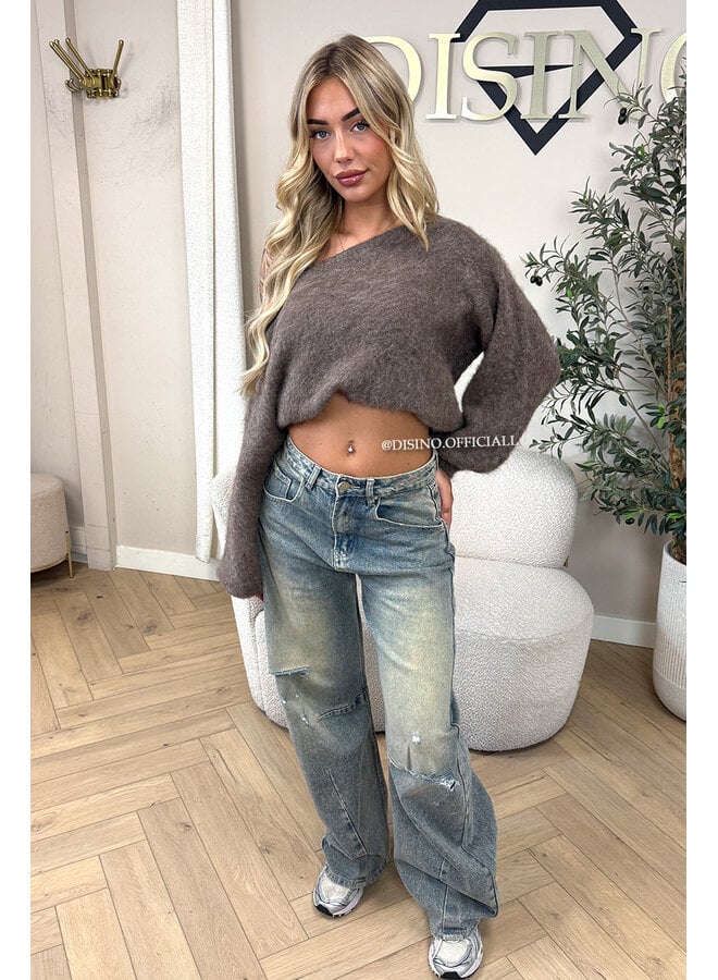 TAUPE - 'LEAH KNIT' - OVERSIZED FLUFFY ONE SHOULDER KNIT