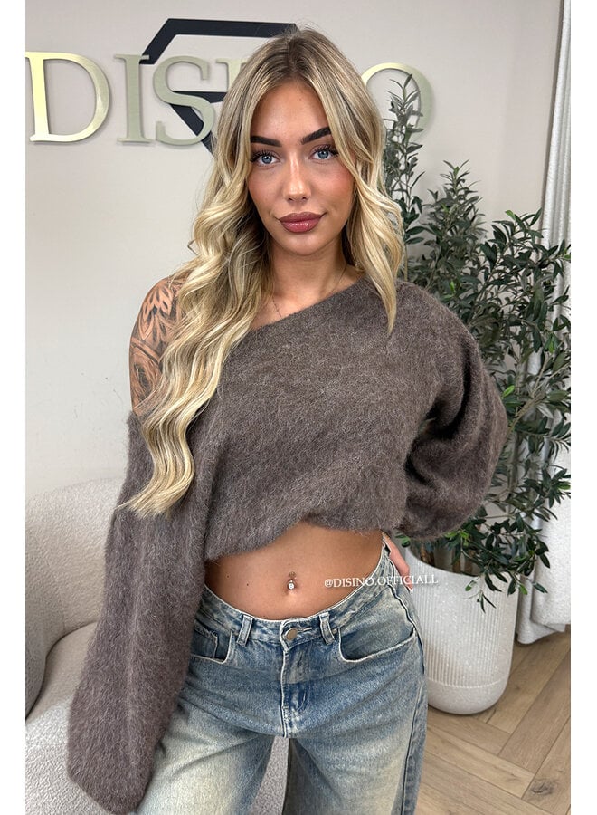 TAUPE - 'LEAH KNIT' - OVERSIZED FLUFFY ONE SHOULDER KNIT