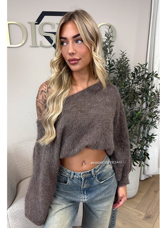 TAUPE - 'LEAH KNIT' - OVERSIZED FLUFFY ONE SHOULDER KNIT