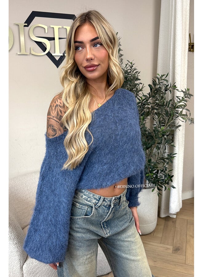 BLUE - 'LEAH KNIT' - OVERSIZED FLUFFY ONE SHOULDER KNIT
