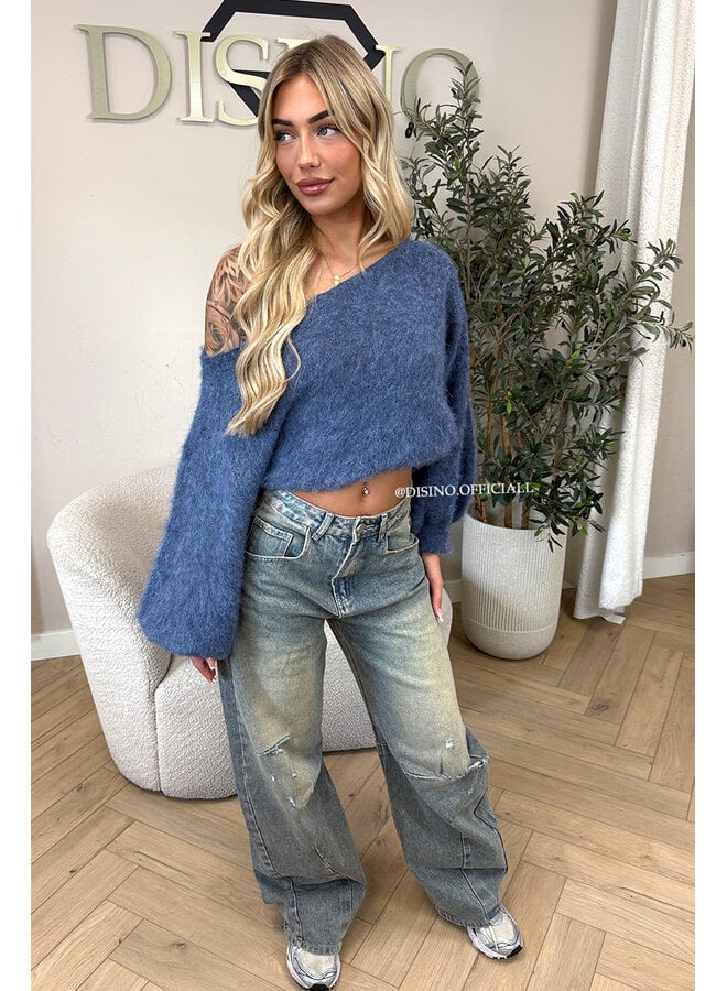 BLUE - 'LEAH KNIT' - OVERSIZED FLUFFY ONE SHOULDER KNIT