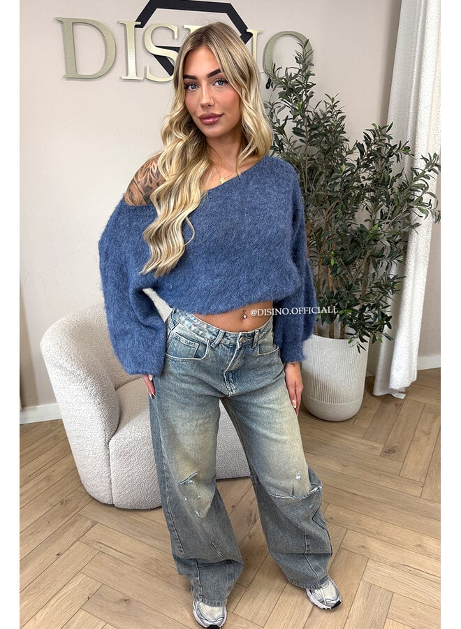 BLUE - 'LEAH KNIT' - OVERSIZED FLUFFY ONE SHOULDER KNIT