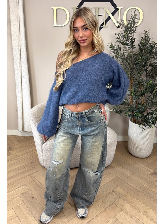 BLUE - 'LEAH KNIT' - OVERSIZED FLUFFY ONE SHOULDER KNIT
