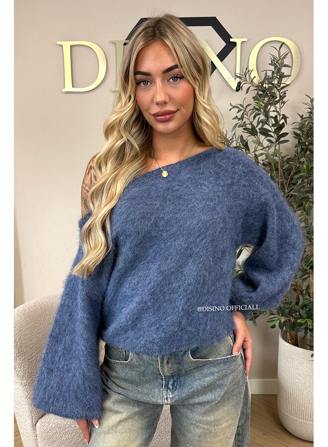BLUE - 'LEAH KNIT' - OVERSIZED FLUFFY ONE SHOULDER KNIT
