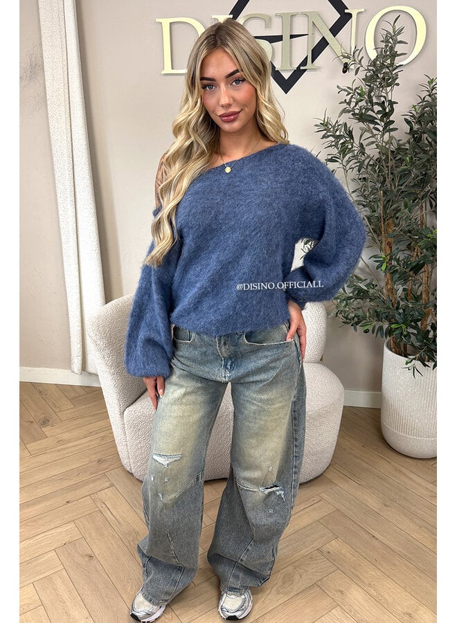 BLUE - 'LEAH KNIT' - OVERSIZED FLUFFY ONE SHOULDER KNIT