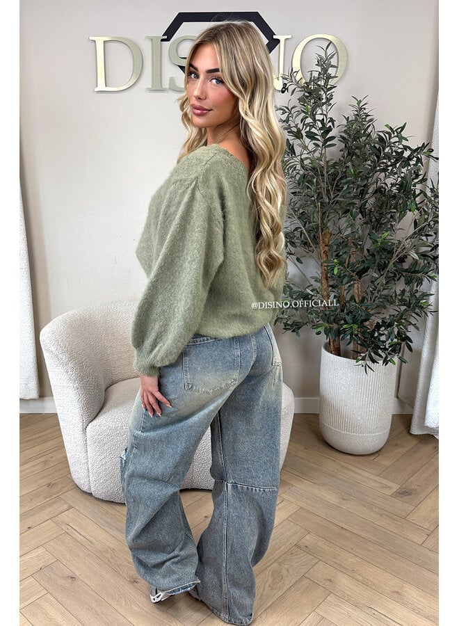 GREEN - 'LEAH KNIT' - OVERSIZED FLUFFY ONE SHOULDER KNIT