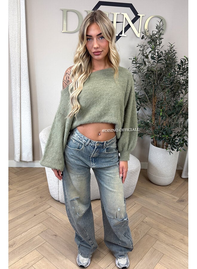 GREEN - 'LEAH KNIT' - OVERSIZED FLUFFY ONE SHOULDER KNIT