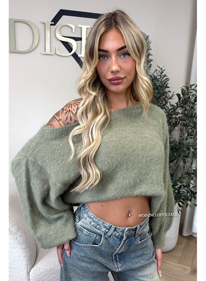 GREEN - 'LEAH KNIT' - OVERSIZED FLUFFY ONE SHOULDER KNIT