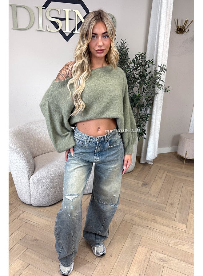GREEN - 'LEAH KNIT' - OVERSIZED FLUFFY ONE SHOULDER KNIT