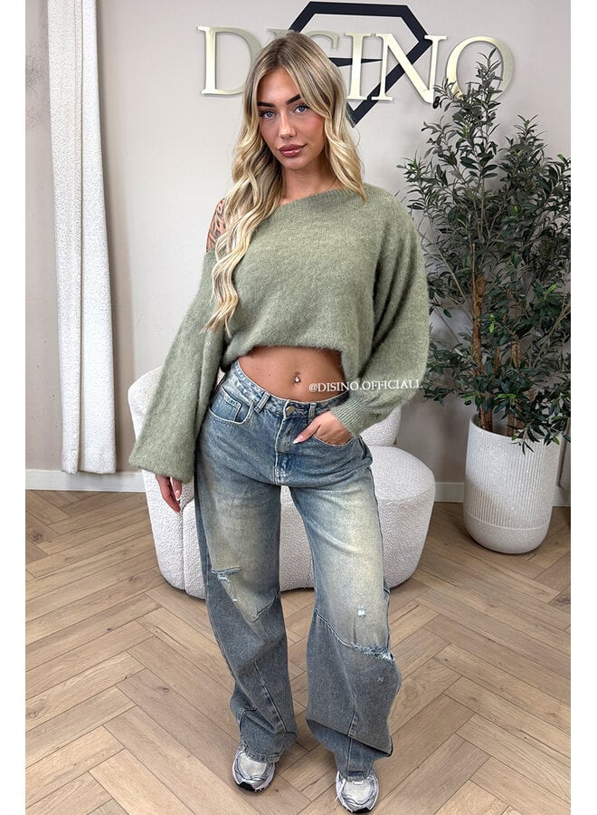 GREEN - 'LEAH KNIT' - OVERSIZED FLUFFY ONE SHOULDER KNIT