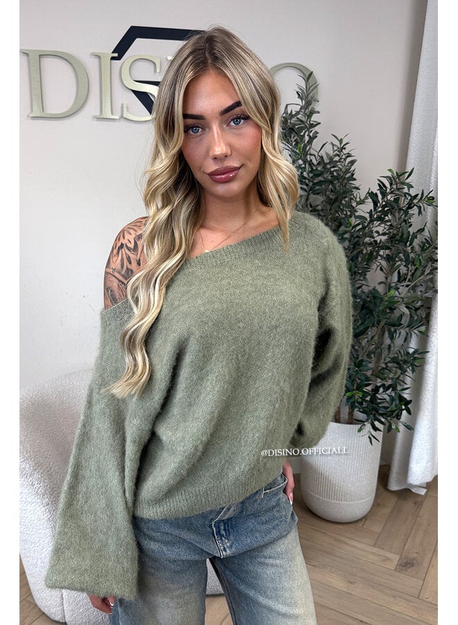 GREEN - 'LEAH KNIT' - OVERSIZED FLUFFY ONE SHOULDER KNIT