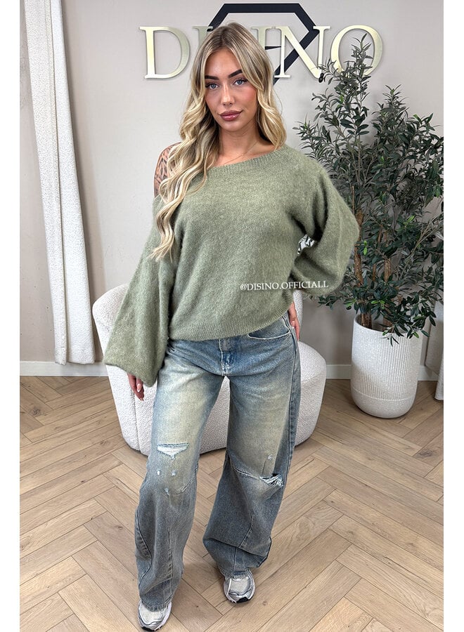 GREEN - 'LEAH KNIT' - OVERSIZED FLUFFY ONE SHOULDER KNIT