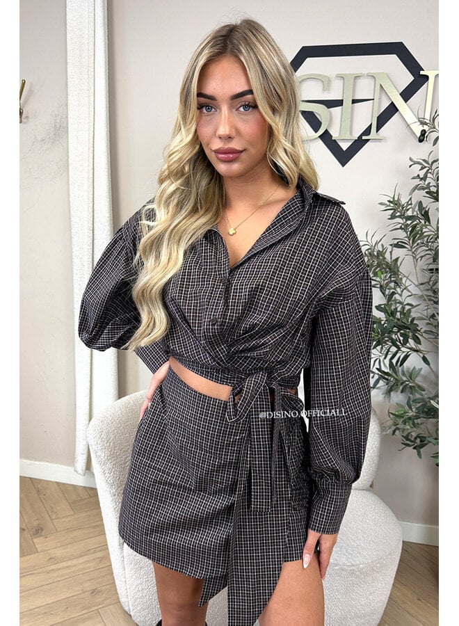 CHOCO - 'ROXANNE SET' - CHECKED WRAP BLOUSE & SKORT SET