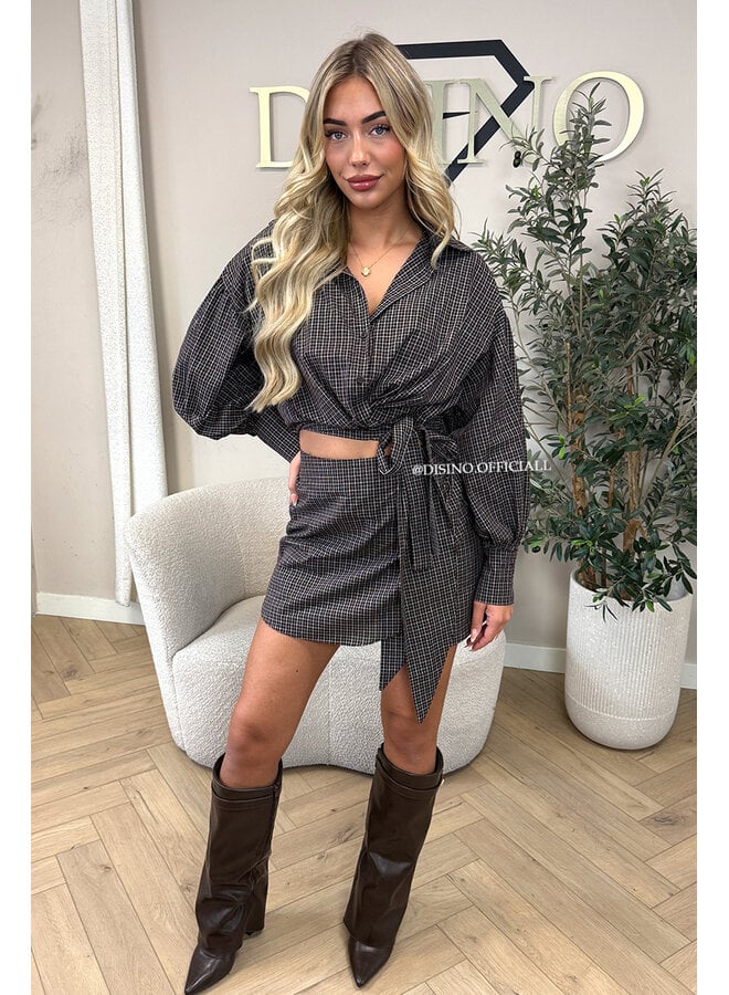 CHOCO - 'ROXANNE SET' - CHECKED WRAP BLOUSE & SKORT SET