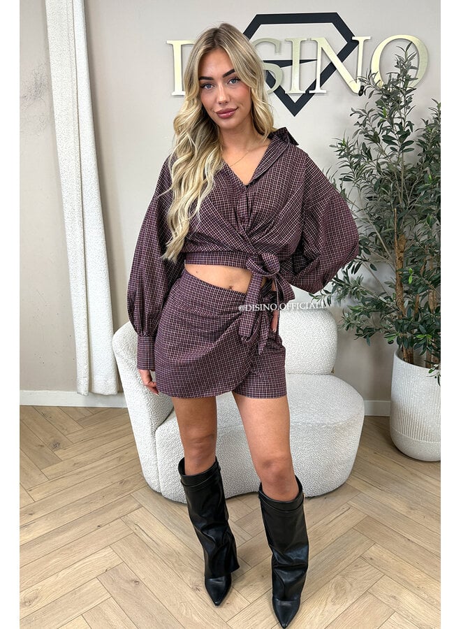 BURGUNDY - 'ROXANNE SET' - CHECKED WRAP BLOUSE & SKORT SET