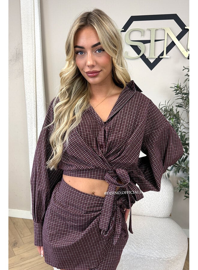 BURGUNDY - 'ROXANNE SET' - CHECKED WRAP BLOUSE & SKORT SET