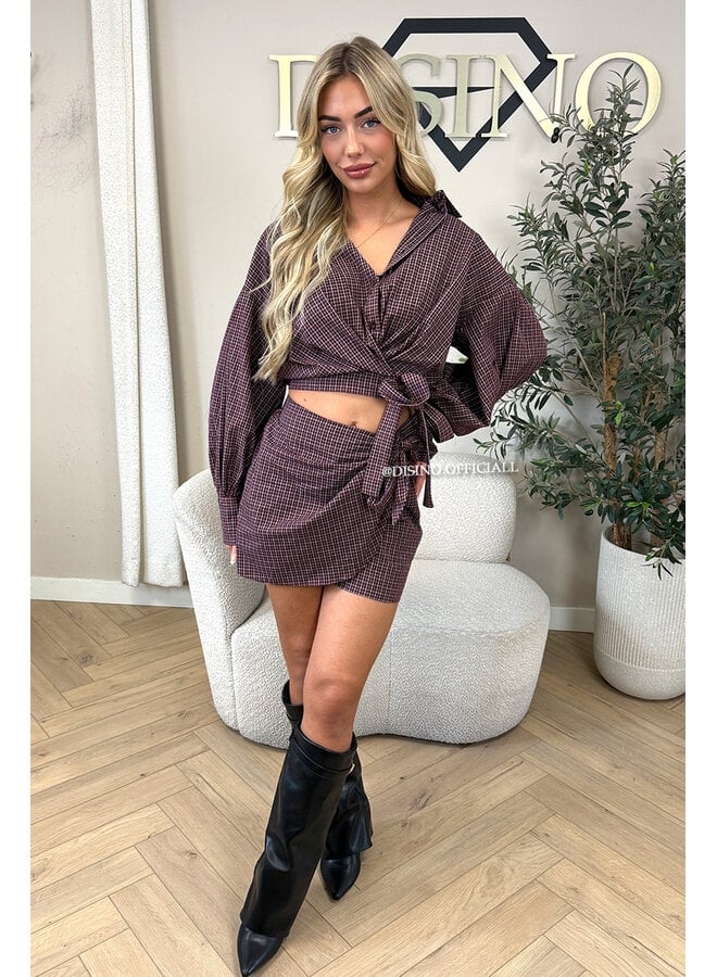 BURGUNDY - 'ROXANNE SET' - CHECKED WRAP BLOUSE & SKORT SET