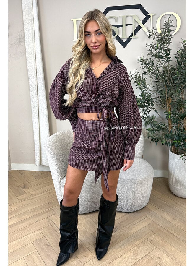 BURGUNDY - 'ROXANNE SET' - CHECKED WRAP BLOUSE & SKORT SET