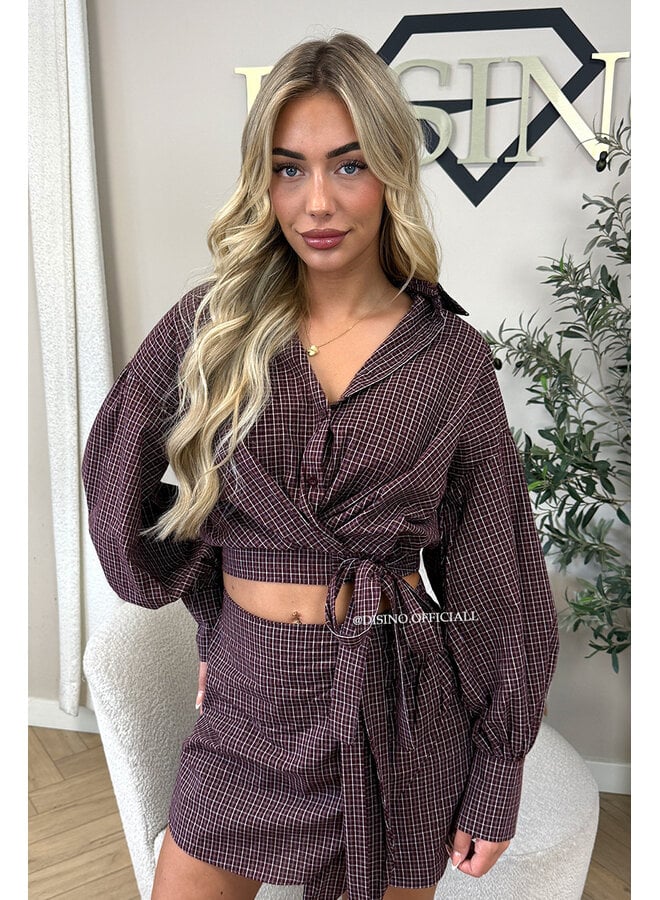 BURGUNDY - 'ROXANNE SET' - CHECKED WRAP BLOUSE & SKORT SET