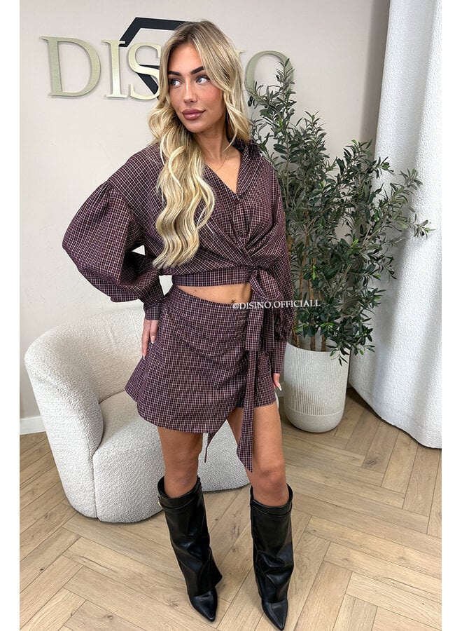 BURGUNDY - 'ROXANNE SET' - CHECKED WRAP BLOUSE & SKORT SET