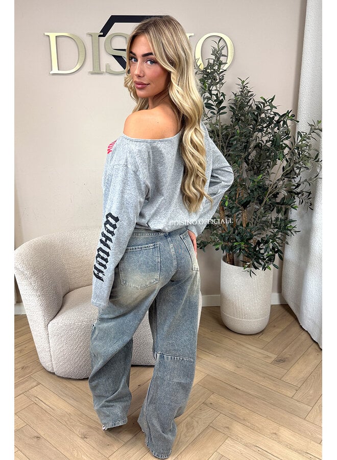 GREY - 'MARIEL LONGSLEEVE' - OVERSIZED OFF SHOULDER LONGSLEEVE TOP