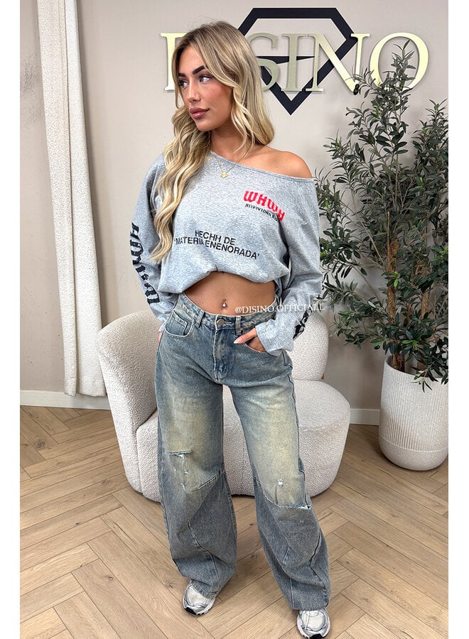 GREY - 'MARIEL LONGSLEEVE' - OVERSIZED OFF SHOULDER LONGSLEEVE TOP