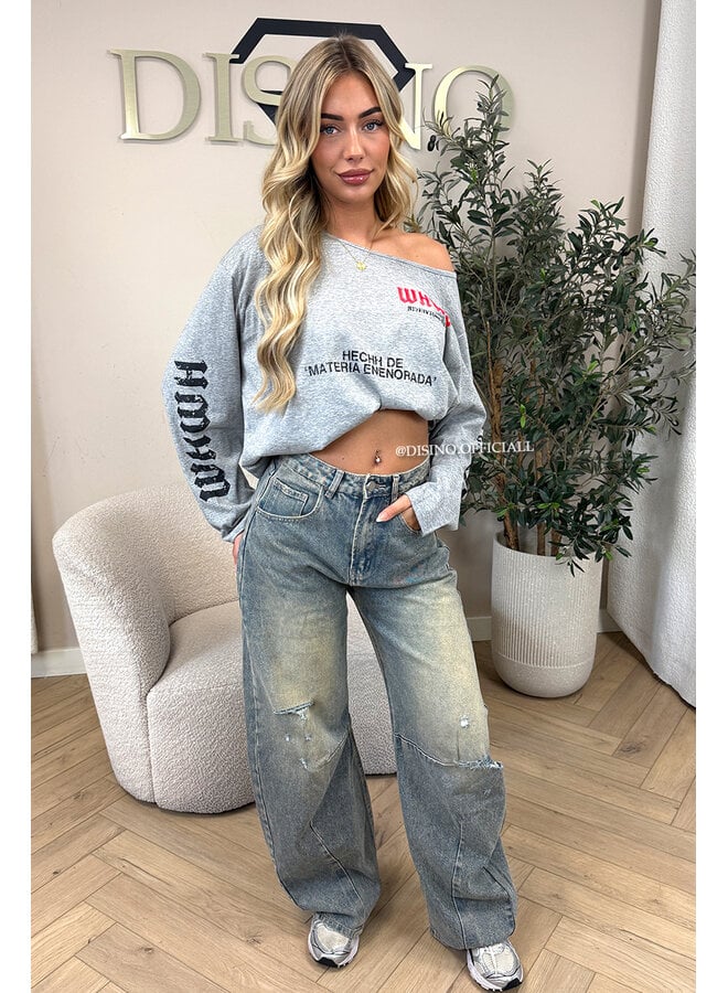 GREY - 'MARIEL LONGSLEEVE' - OVERSIZED OFF SHOULDER LONGSLEEVE TOP