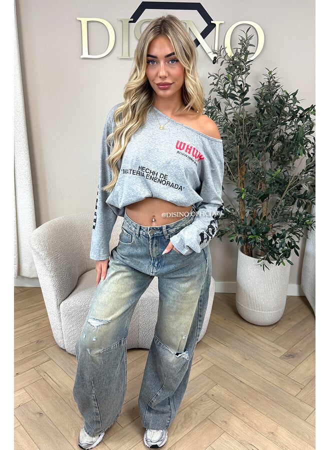 GREY - 'MARIEL LONGSLEEVE' - OVERSIZED OFF SHOULDER LONGSLEEVE TOP