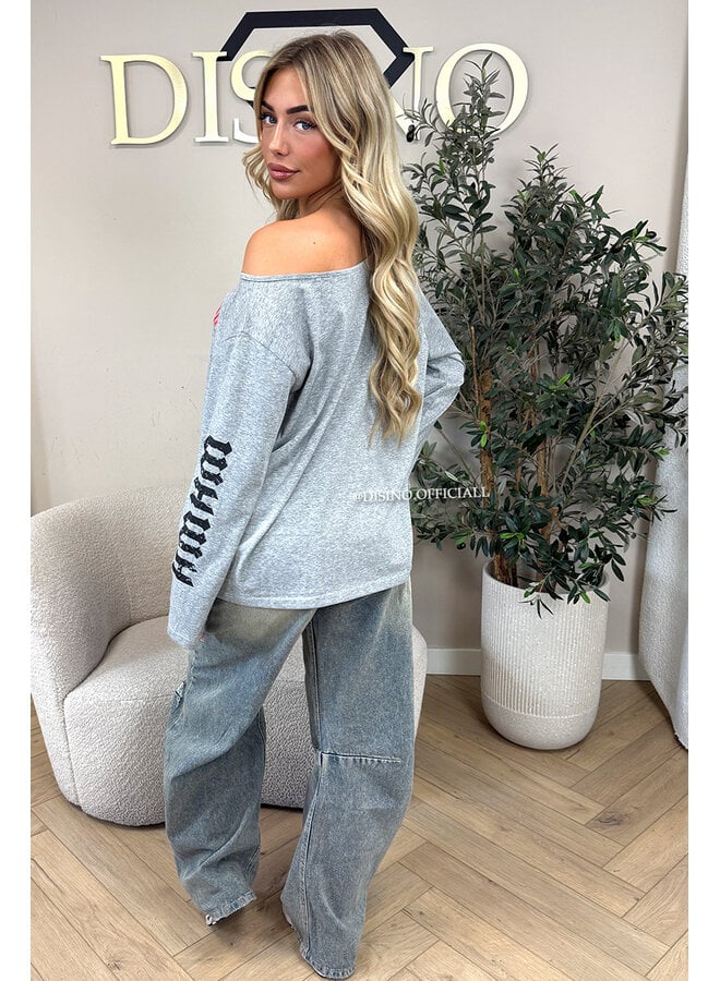 GREY - 'MARIEL LONGSLEEVE' - OVERSIZED OFF SHOULDER LONGSLEEVE TOP