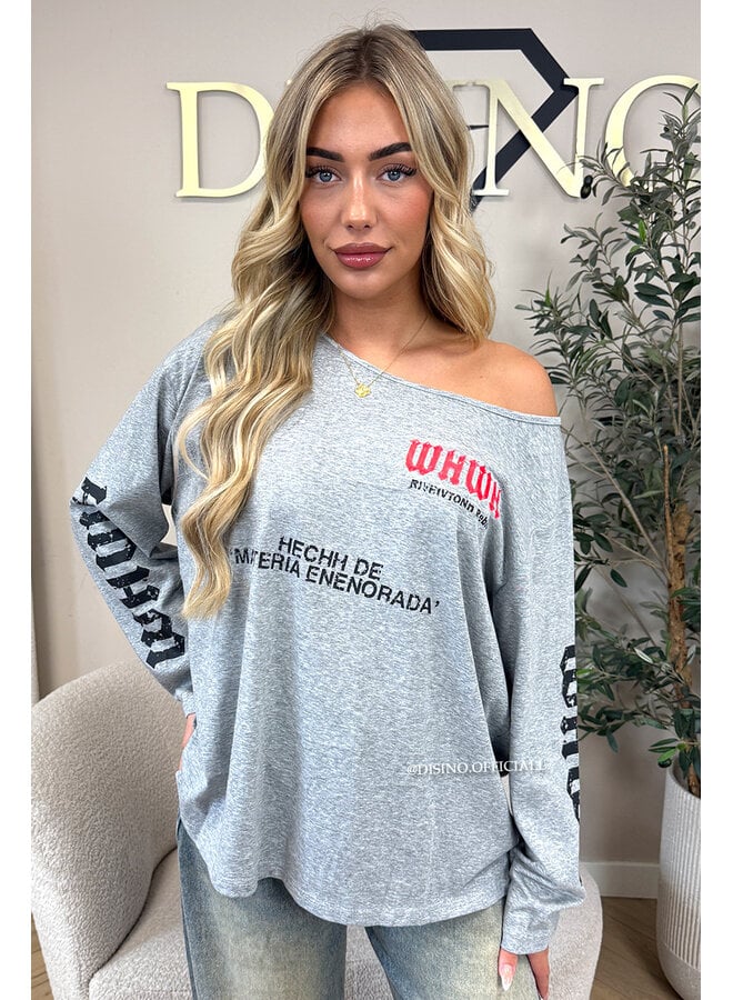 GREY - 'MARIEL LONGSLEEVE' - OVERSIZED OFF SHOULDER LONGSLEEVE TOP