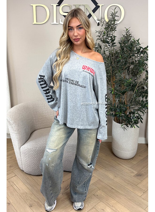 GREY - 'MARIEL LONGSLEEVE' - OVERSIZED OFF SHOULDER LONGSLEEVE TOP