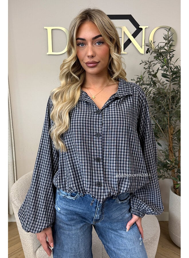 NAVY BLUE - 'MAREN BLOUSE' - BOMBER CHECKED BLOUSE