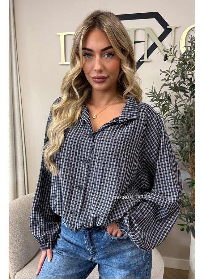 NAVY BLUE - 'MAREN BLOUSE' - BOMBER CHECKED BLOUSE