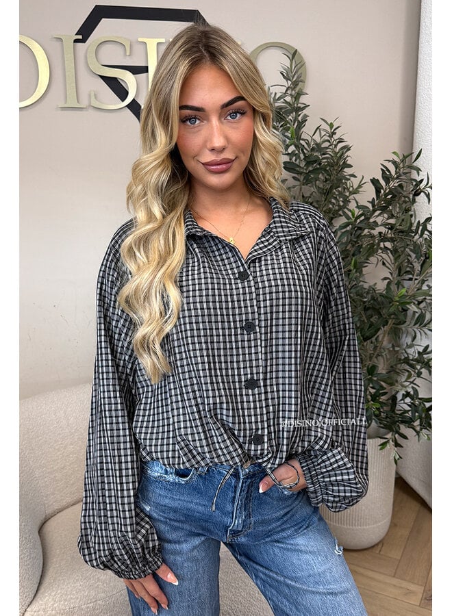 BLACK - 'MAREN BLOUSE' - BOMBER CHECKED BLOUSE