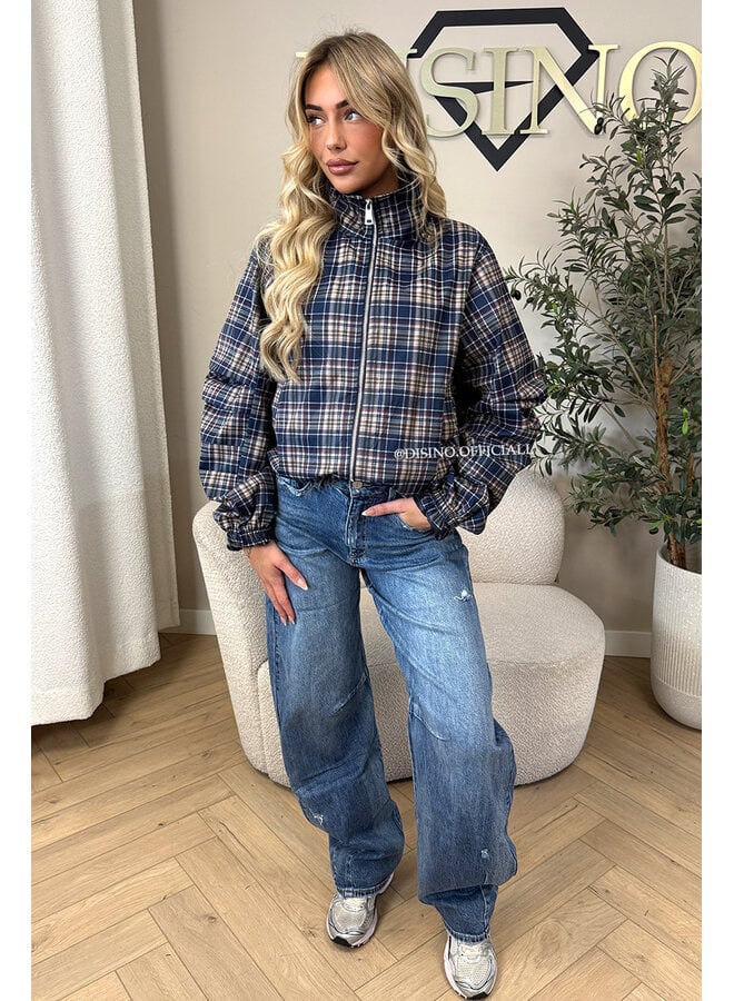 NAVY BLUE - 'SOLÉNE JACKET' - CHECKED RUFFLE SLEEVE JACKET