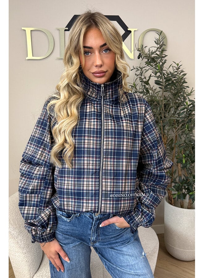 NAVY BLUE - 'SOLÉNE JACKET' - CHECKED RUFFLE SLEEVE JACKET