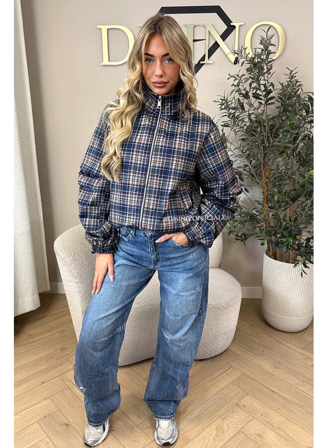 NAVY BLUE - 'SOLÉNE JACKET' - CHECKED RUFFLE SLEEVE JACKET