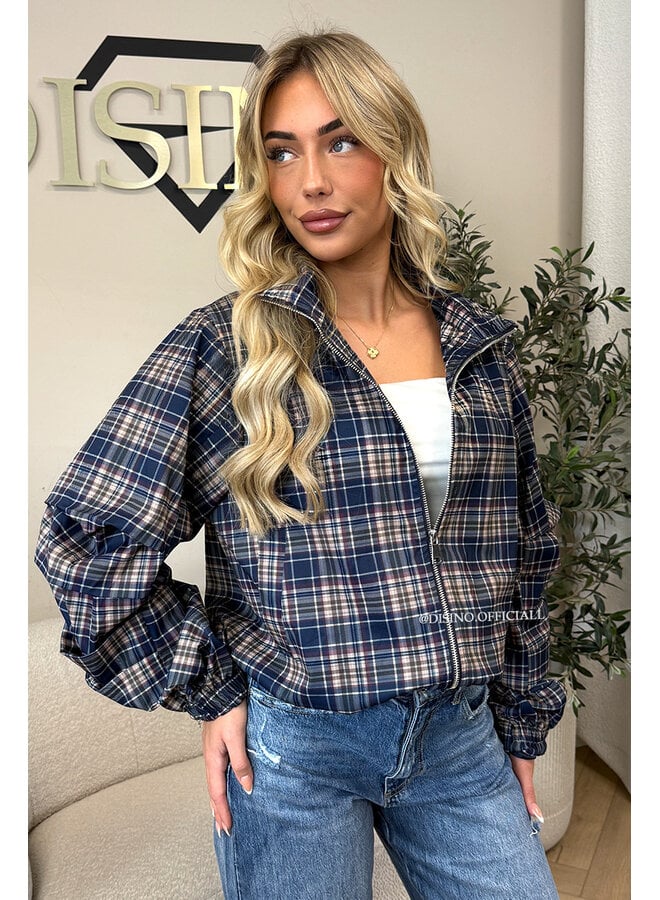 NAVY BLUE - 'SOLÉNE JACKET' - CHECKED RUFFLE SLEEVE JACKET