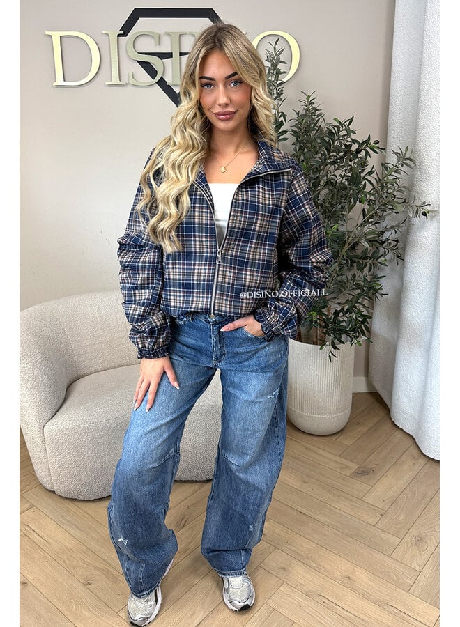 NAVY BLUE - 'SOLÉNE JACKET' - CHECKED RUFFLE SLEEVE JACKET