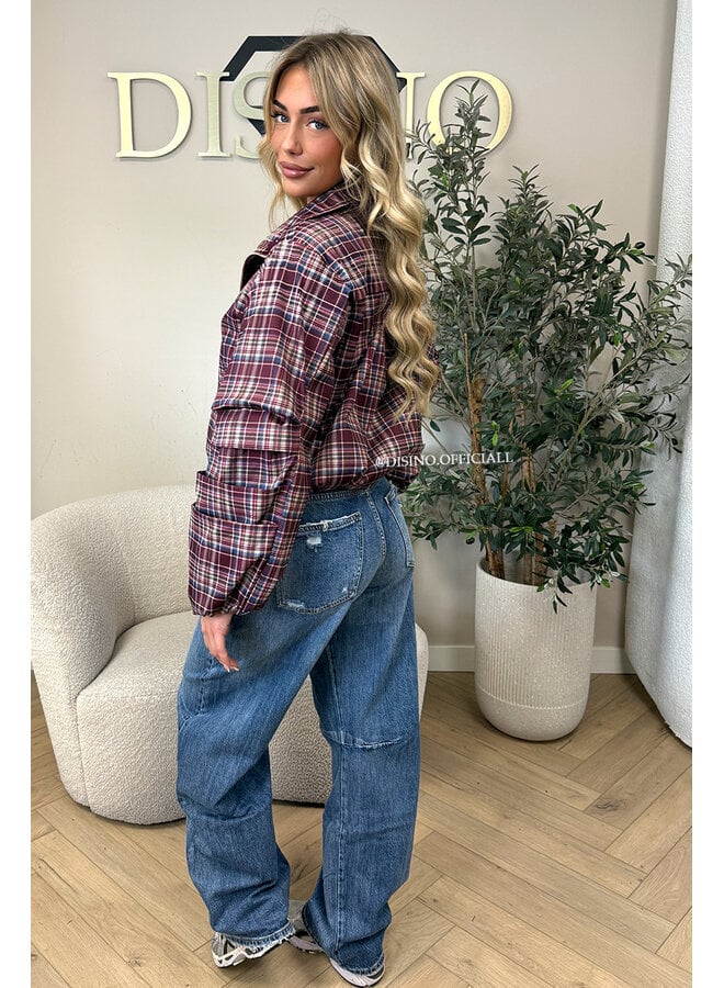 BURGUNDY - 'SOLÉNE JACKET' - CHECKED RUFFLE SLEEVE JACKET