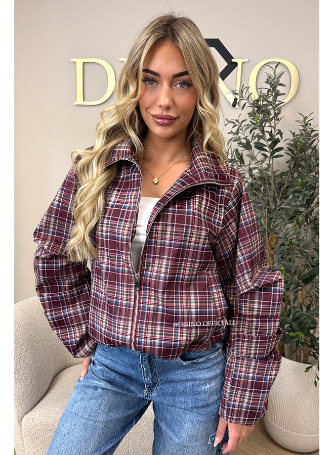 BURGUNDY - 'SOLÉNE JACKET' - CHECKED RUFFLE SLEEVE JACKET