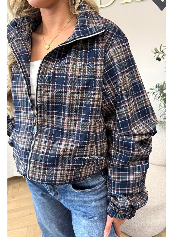 NAVY BLUE - 'SOLÉNE JACKET' - CHECKED RUFFLE SLEEVE JACKET