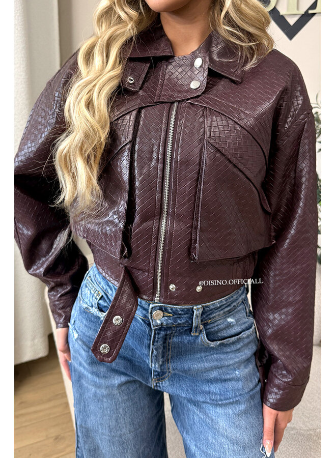 BURGUNDY - 'ALESSIA JACKET' - INSPIRED WOVEN FAUX LEATHER JACKET