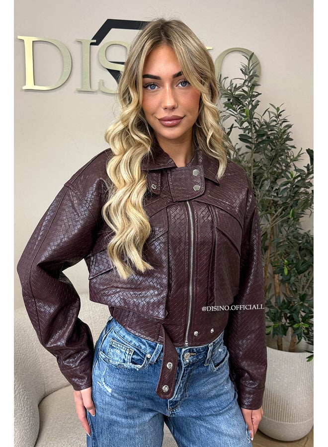 BURGUNDY - 'ALESSIA JACKET' - INSPIRED WOVEN FAUX LEATHER JACKET