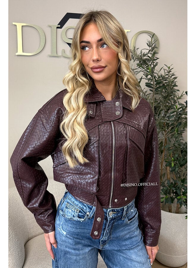 BURGUNDY - 'ALESSIA JACKET' - INSPIRED WOVEN FAUX LEATHER JACKET