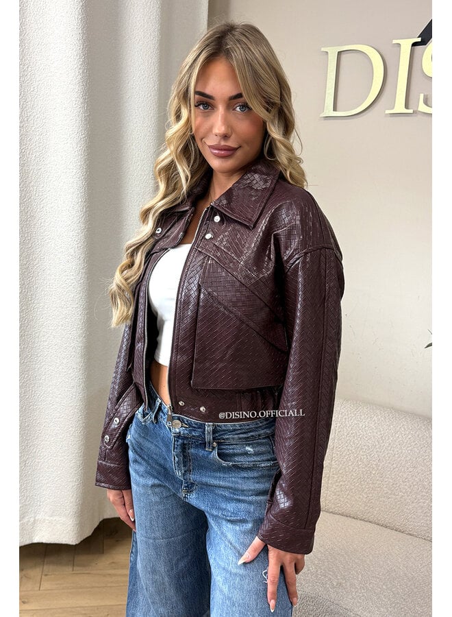 BURGUNDY - 'ALESSIA JACKET' - INSPIRED WOVEN FAUX LEATHER JACKET