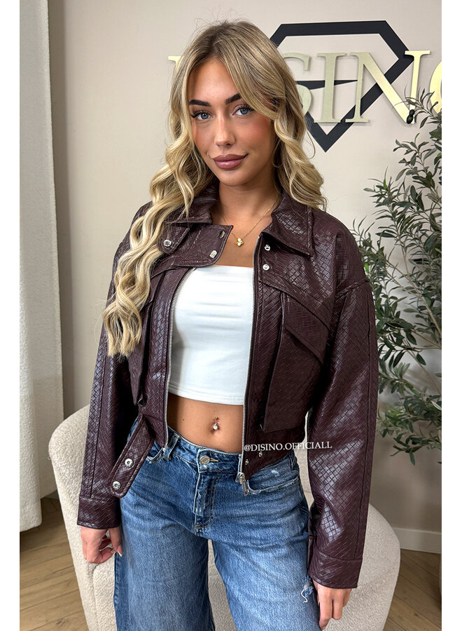 BURGUNDY - 'ALESSIA JACKET' - INSPIRED WOVEN FAUX LEATHER JACKET